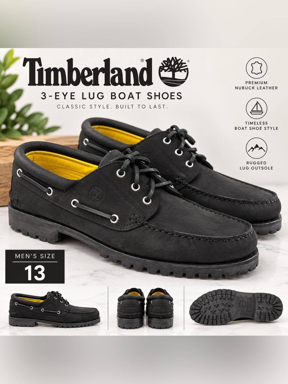 Timberland Men’s 3-Eye Lug Boat Shoes Black Nubuck Leather Size 13